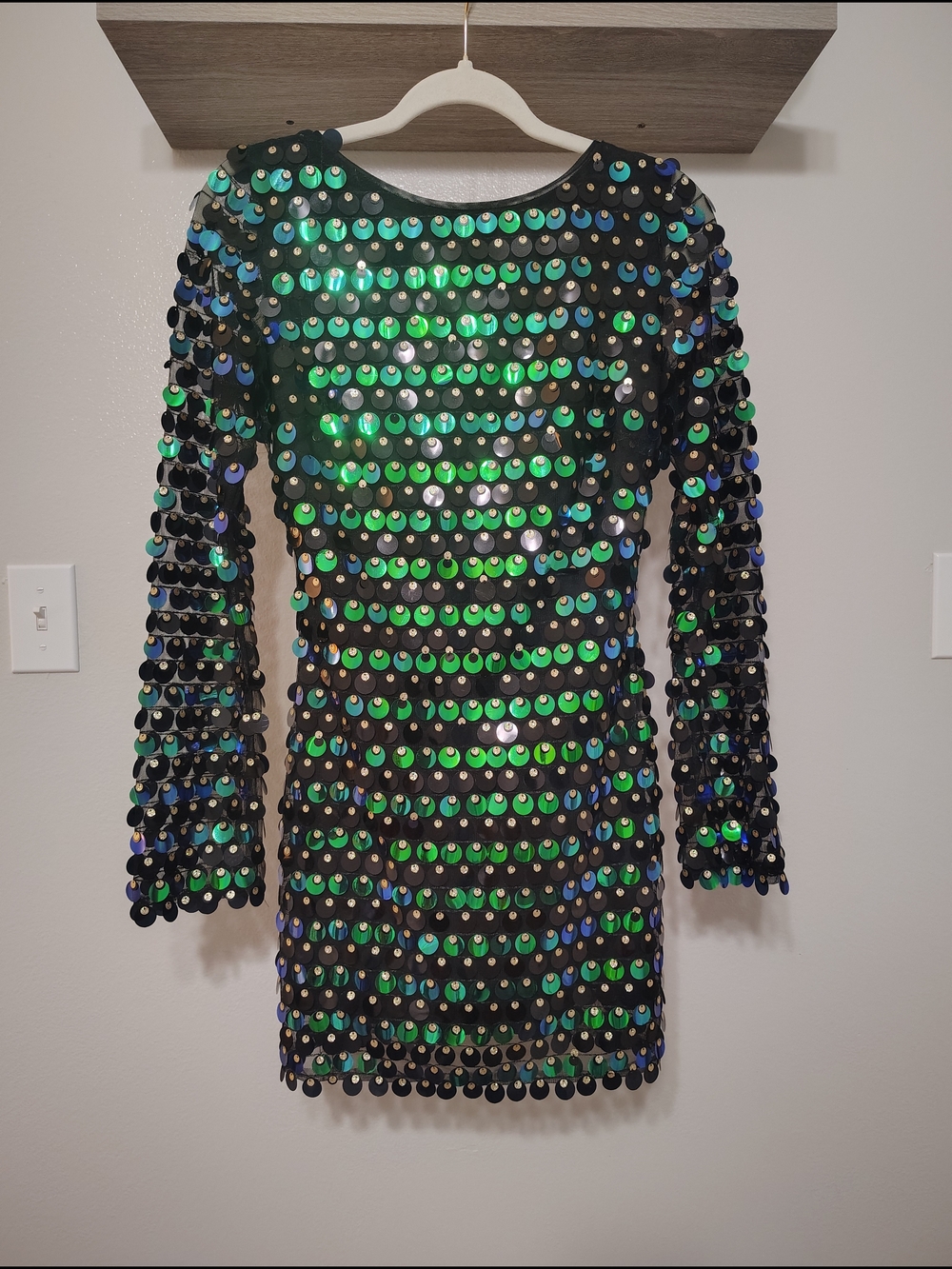 Lulu's Black Long-Sleeve Dress with Iridescent Green & Blue Sequins